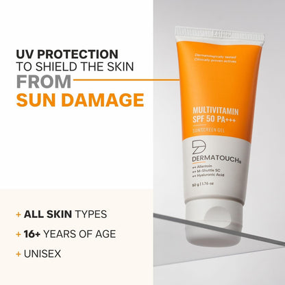 DER.MAT.OUCH Multivitamin Spf 50 Pa+++ Sunscreen Gel For All Skin Types | Uva-Uvb Protection |Zero White Cast | Unisex | 50G