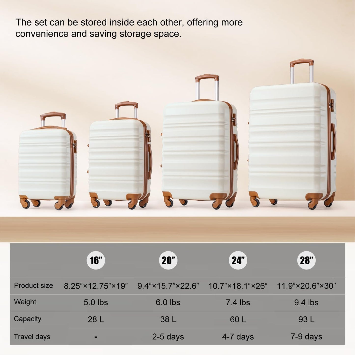 LONG VACATION Luggage Set 4 Piece Luggage ABS Hardshell TSA Lock Spinner Wheels Carry on Suitcase(White-Brown, 6 Piece Set（BP）)