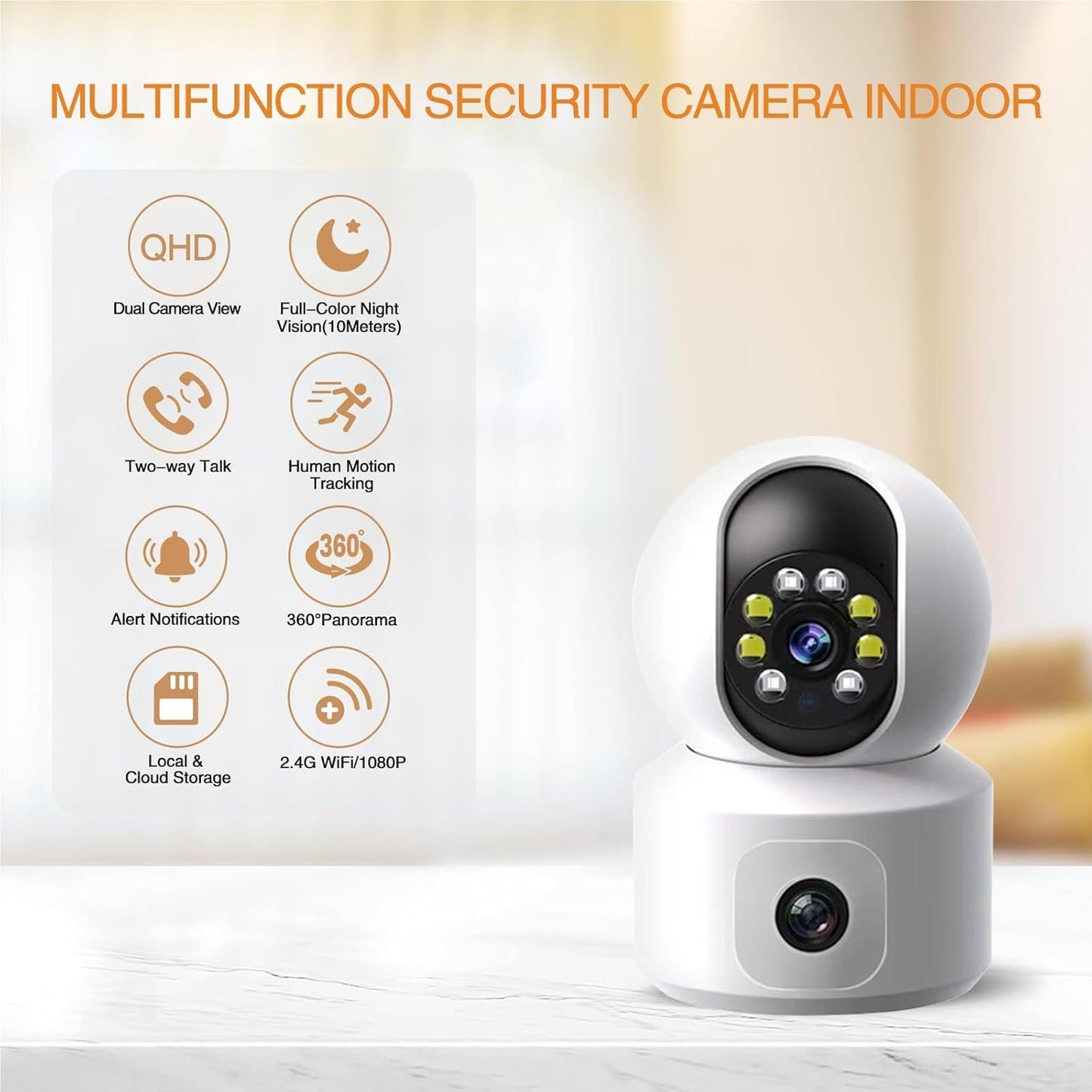 XIULIUU Security Camera Indoor, Dual-Lens Pet Camera with 64GB SD Card, 2.4GHz WiFi, 1080p HD & Full-Color Night Vision, 360Â° Pan-Tilt Coverage, Motion Tracking, 2-Way Audio Home Camera
