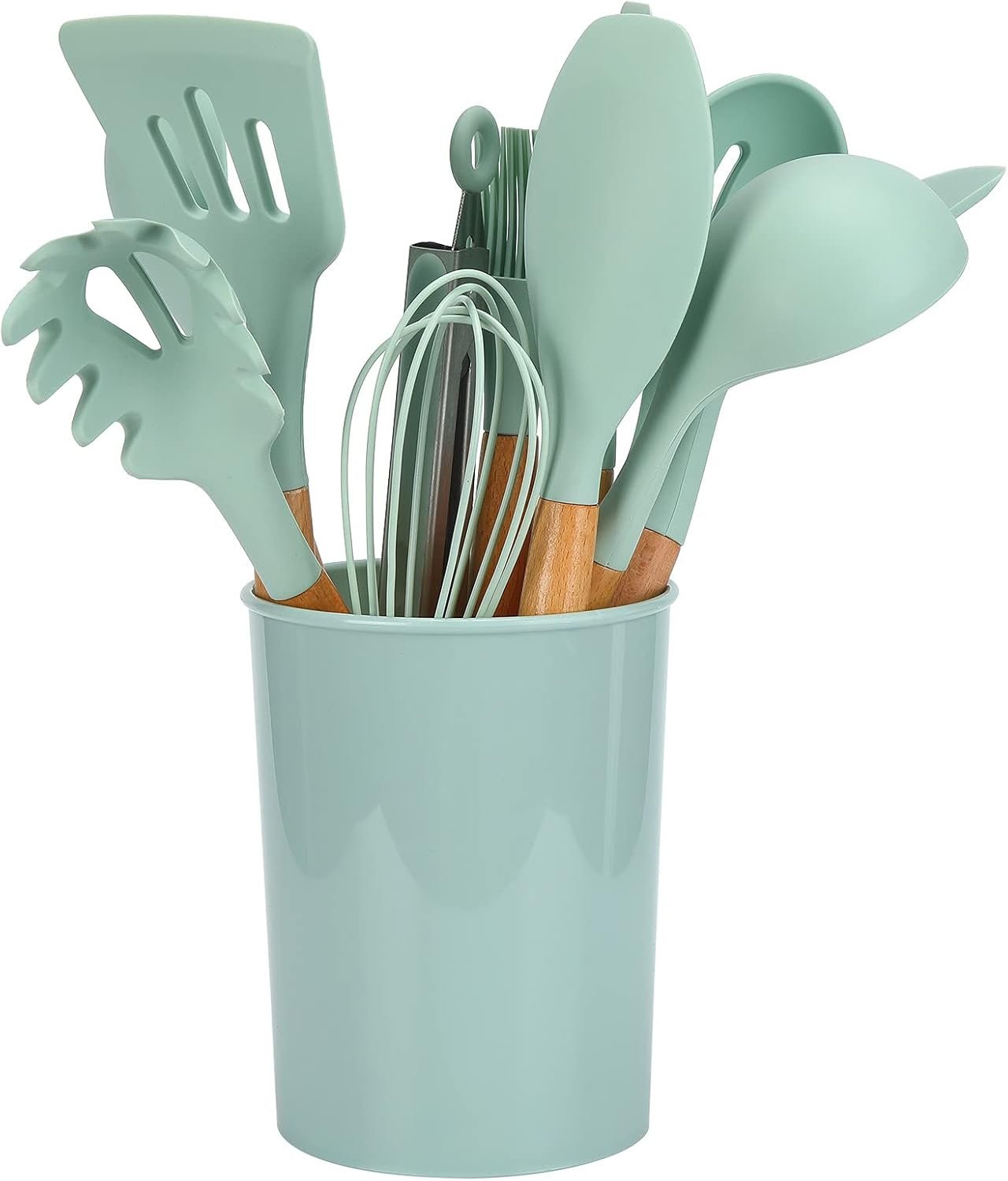 ZPSHYD Set di utensili da cucina in silicone con manici in legno, 12 pezzi gadget da cucina, verde chiaro, include spazzola per olio, cucchiaio antiaderenteForniture da cucina per la casa
