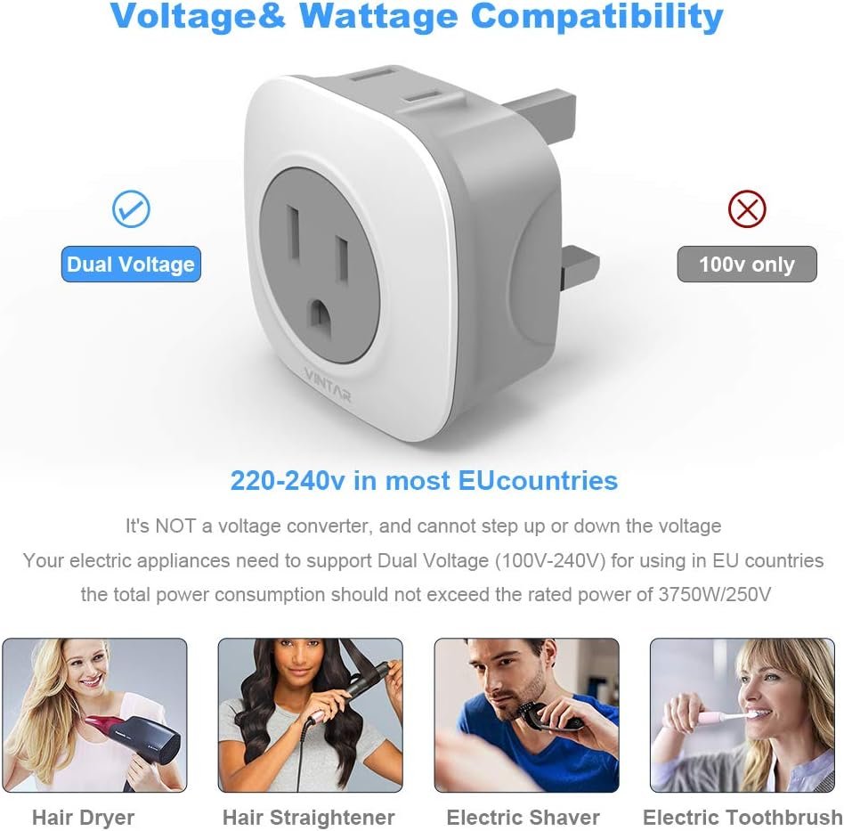3 Pack UK Ireland Travel Plug Adapter, VINTAR International Power Adaptor with 2 AC Outlets, 2 in 1 Canada to UK Plug Adapter for USA to British England Scotland Irish London Hong Kong (Type G)