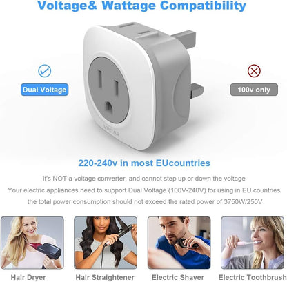 3 Pack UK Ireland Travel Plug Adapter, VINTAR International Power Adaptor with 2 AC Outlets, 2 in 1 Canada to UK Plug Adapter for USA to British England Scotland Irish London Hong Kong (Type G)