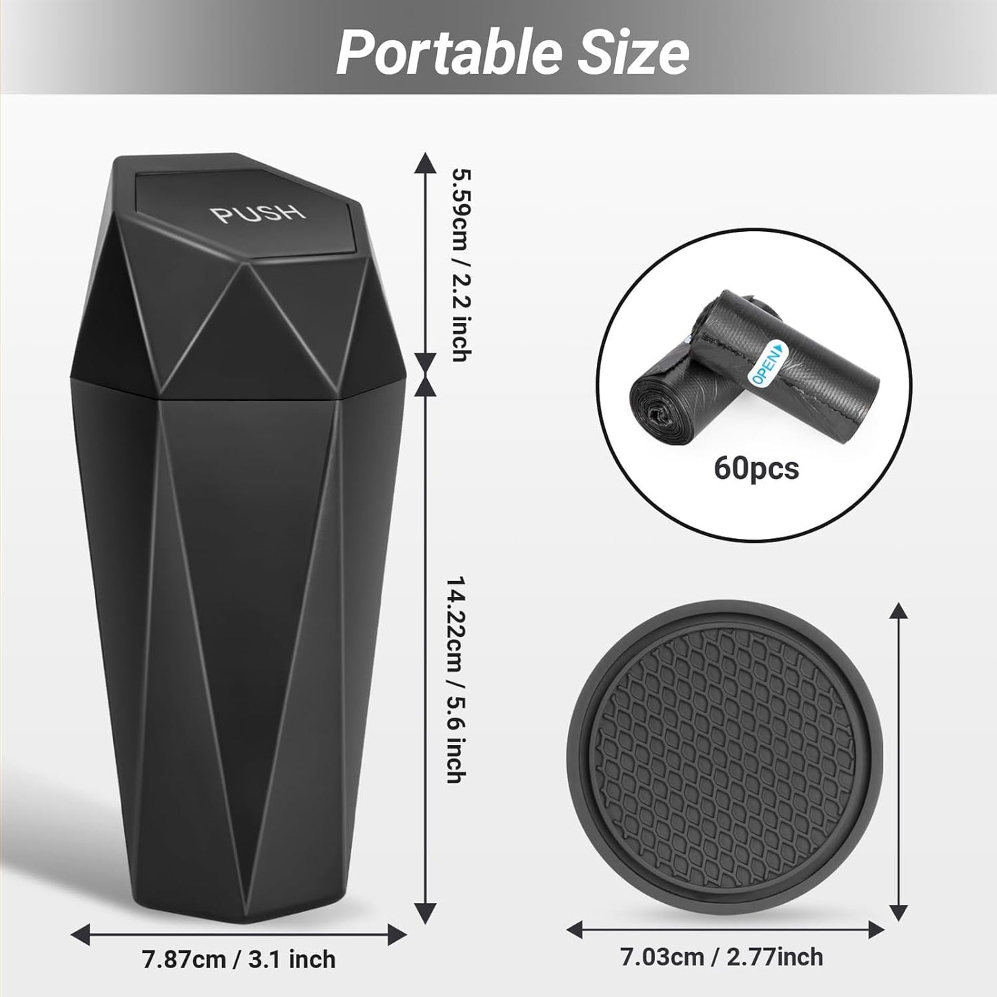Ceecysaa Car Trash Can with Lid, 2 Pack Mini Car Cup Holder Trash Can, Car Garbage Can with 60pcs Trash Bags, Car Accessories Interior, Leakproof Small Car Trash Can, Home, Office, Black