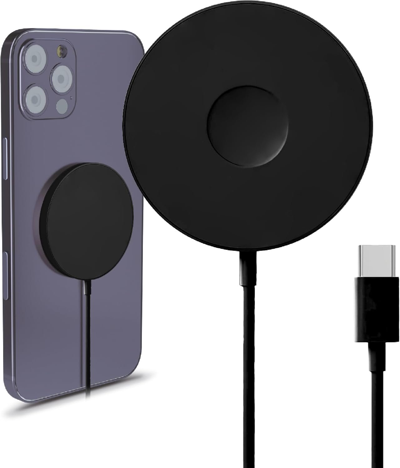 MMOBIEL Magnetic Wireless Charger 15W Compatible with MagSafe iPhone 16/15/14/13/12 Series, AirPods 3/2/Pro, Apple Watch All Series, Samsung Galaxy Buds, S25/S24/S23/S22/S21/Note-USB C-3.3 Foot– Black