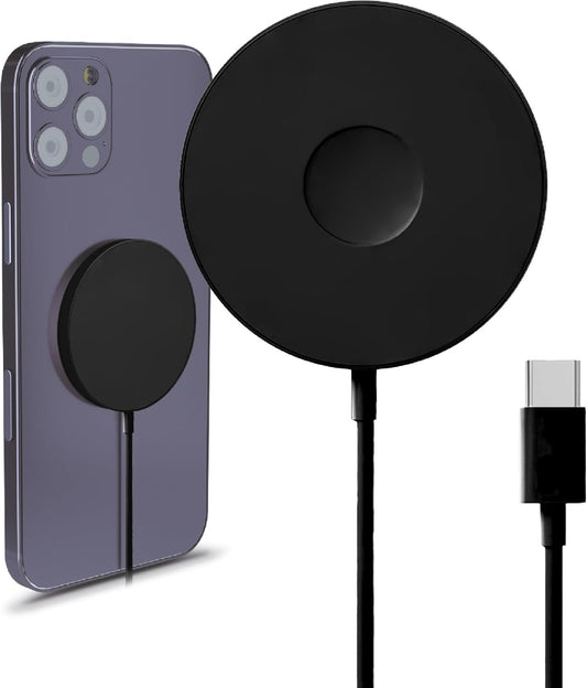 MMOBIEL Magnetic Wireless Charger 15W Compatible with MagSafe iPhone 16/15/14/13/12 Series, AirPods 3/2/Pro, Apple Watch All Series, Samsung Galaxy Buds, S25/S24/S23/S22/S21/Note-USB C-3.3 Foot– Black