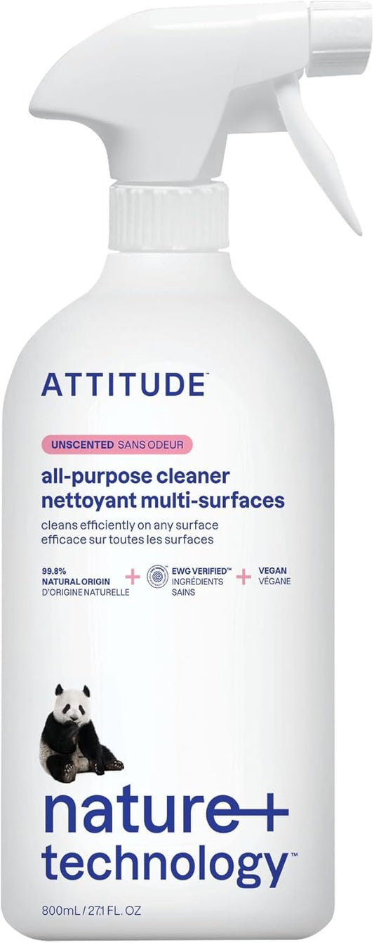 ATTITUDE All Purpose Cleaner, Made in Canada, EWG Verified Multi-Surface Products, Vegan, Multipurpose Cleaning Spray, Unscented, 800 mL