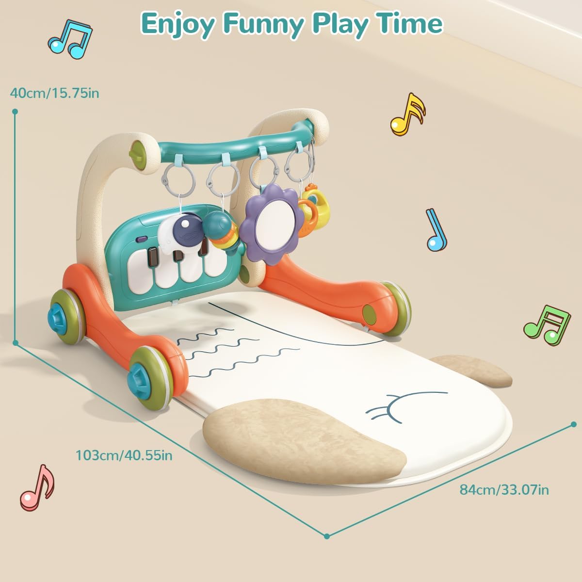 Hitish 3 in 1 Baby Play Mat Gym, Kick and Play Piano Gym with Music Light, Activity Tummy Time Play mat with 5 Learning Sensory Toys, Infant Gifts for Newborn Baby Toddler 0-14 Months