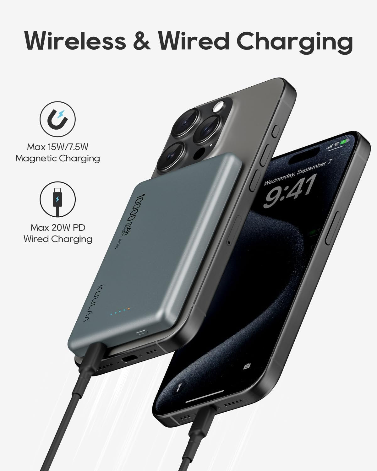 Kuulaa Magsafe Power Bank 10000mAh 20W Fast Charging Portable Charger, Magnetic Battery Pack Compatible with iPhone 16/15/14/13/12 Serie - Grey