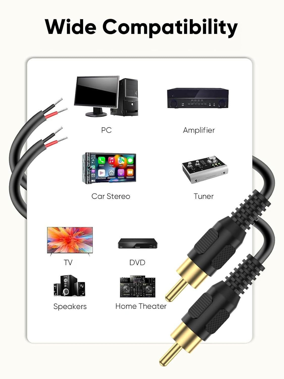 CableCreation RCA to Speaker Wire Adapter, 2 Bare Wire Cables to RCA Plug Adapter Repair Cord Compatible with Speaker Amplifier, Audio Video AV Receiver, TV, Subwoofer (2Pack 20AWG 3.3FT)