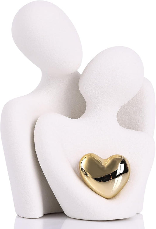 oliruim 8cm Tall Couple Figurines for Home Decoration Modern Sculpture with Gold Heart Design - Home Decoration, Couple Anniversary Gift Wedding (8cm White)