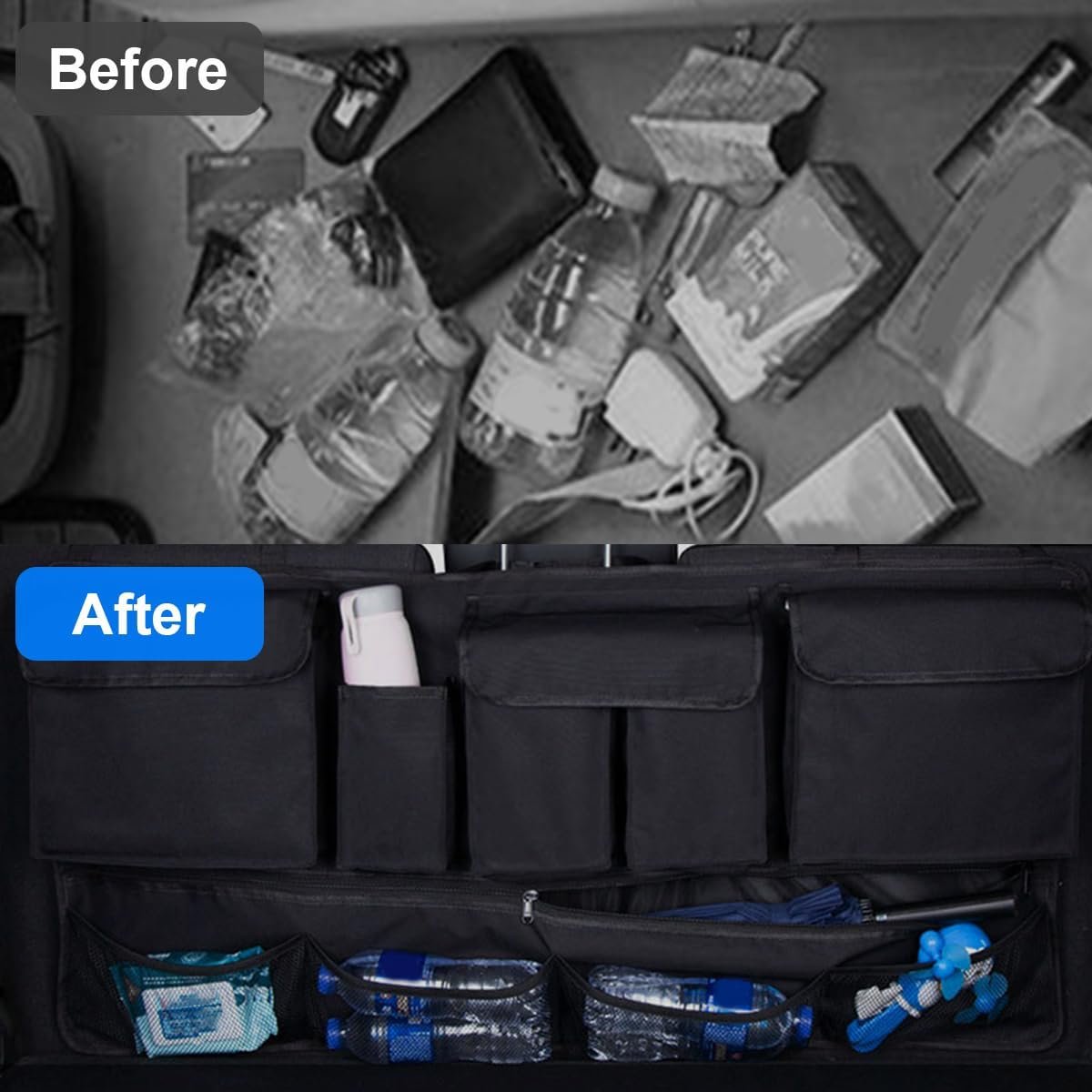 Mandark Car Trunk Organizer, Super Capacity Vehicle Hanging Backseat Cargo Storage Bag with Robust Elastic Net, Detachable Auto Seat Back Organizing Bag, Universal for SUV, Truck, RVï¼ˆBlack/Blackï¼‰