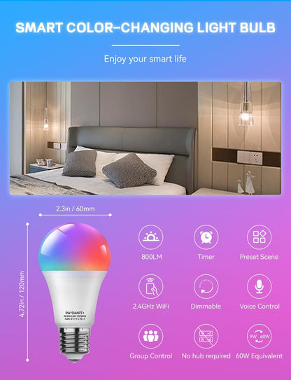 Vanance Smart Light Bulbs 4Pack, Work with Alexa Google Home, WiFi & Bluetooth Color Changing Led Light Bulbs, E27 A19 10W 800LM Dimmable Warm and Multicolor Smart Home Lighting, No Hub Required