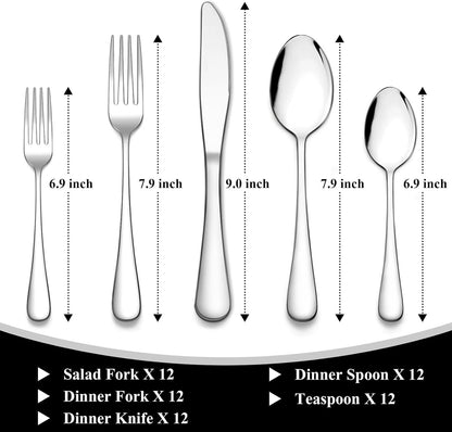 60 Piece Silverware Set, Wildone Stainless Steel Flatware Utensils Service for 12, Include Knives/Forks/Spoons, Mirror Polished, Dishwasher Safe