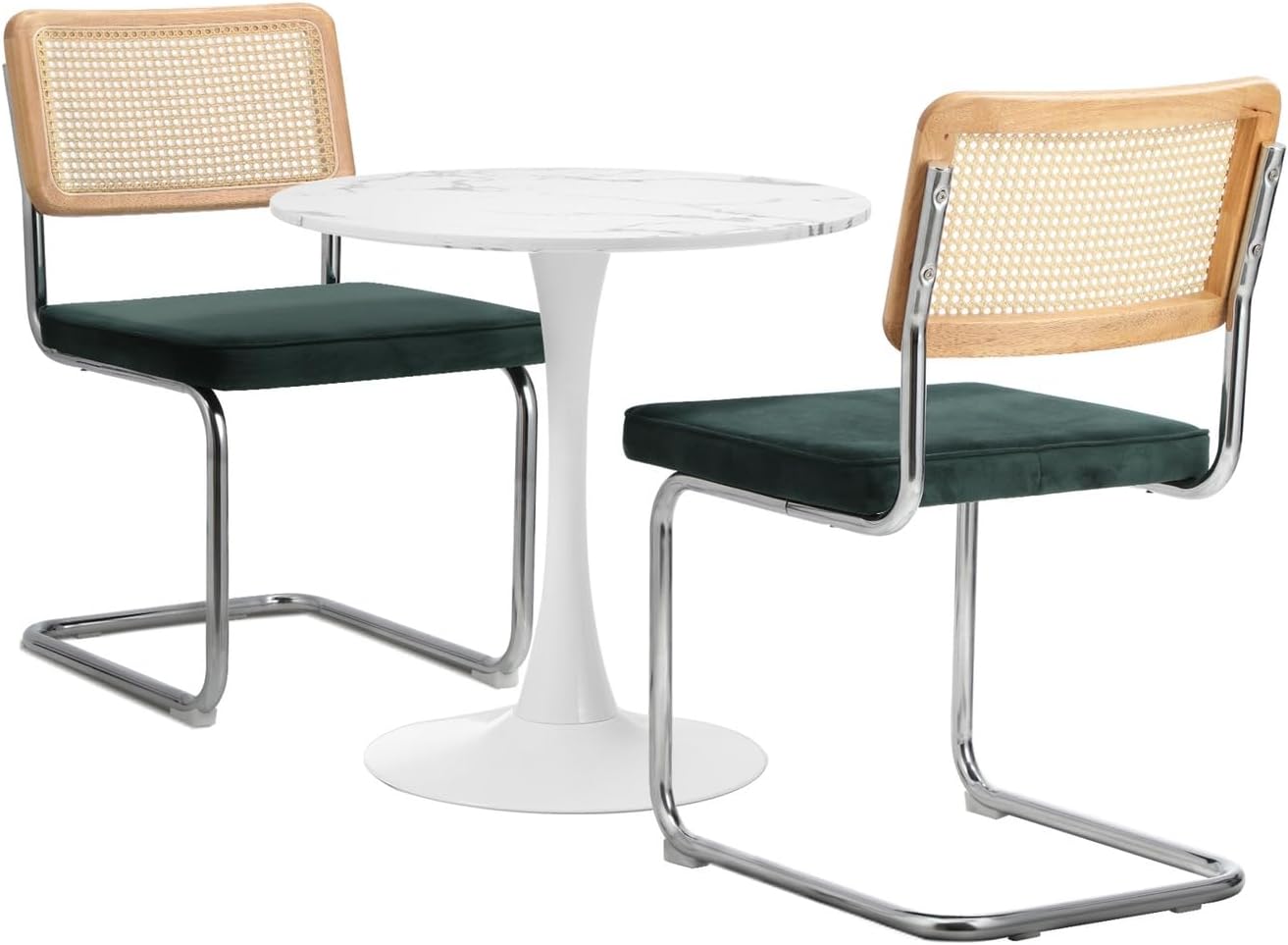 Oikiture 60cm Round Dining Table with 3PCS Dining Chairs Velvet White&Green