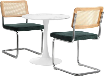 Oikiture 60cm Round Dining Table with 3PCS Dining Chairs Velvet White&Green