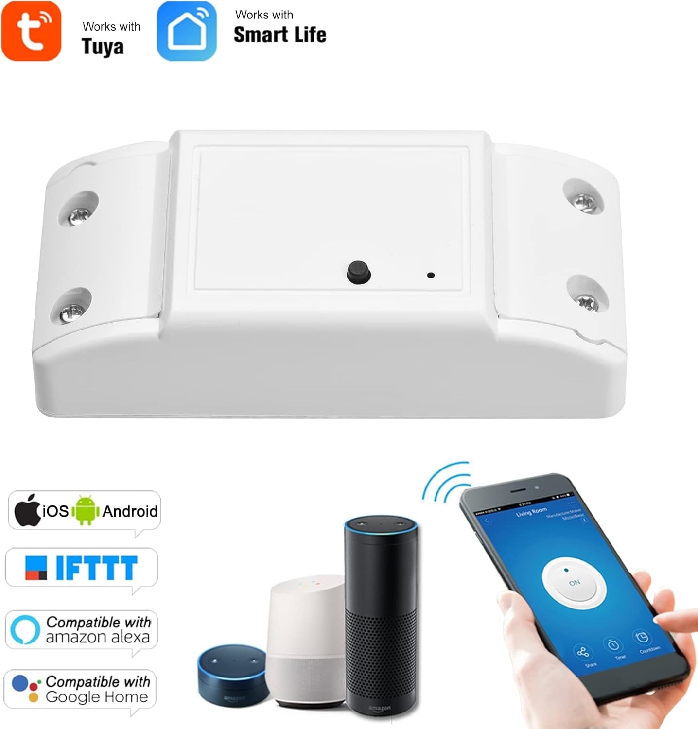 WiFi Smart Switch Compatible with Alexa & for Home Timer 10A/2200W Wireless Remote Switch for Android/iOS APP Control for Electric Appliances Universal Smart Home Automation Module