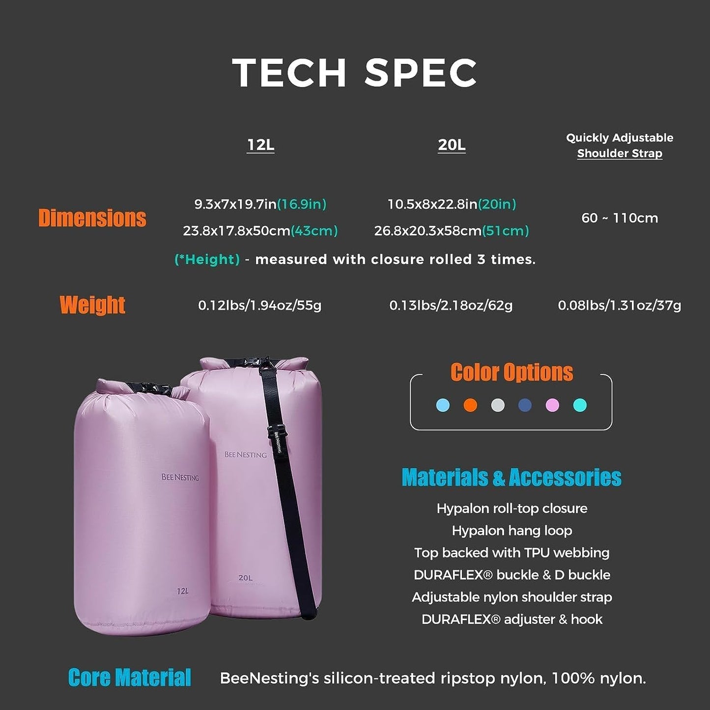 BEE NESTING Ultralight Dry Bag Large 3 Piece Set - Waterproof Siliconized Dry Sack Accessory for Lightweight Travel, Boating, Kayaking, Camping, Swimming(12L 20L & Shoulder Strap 3 Pack)