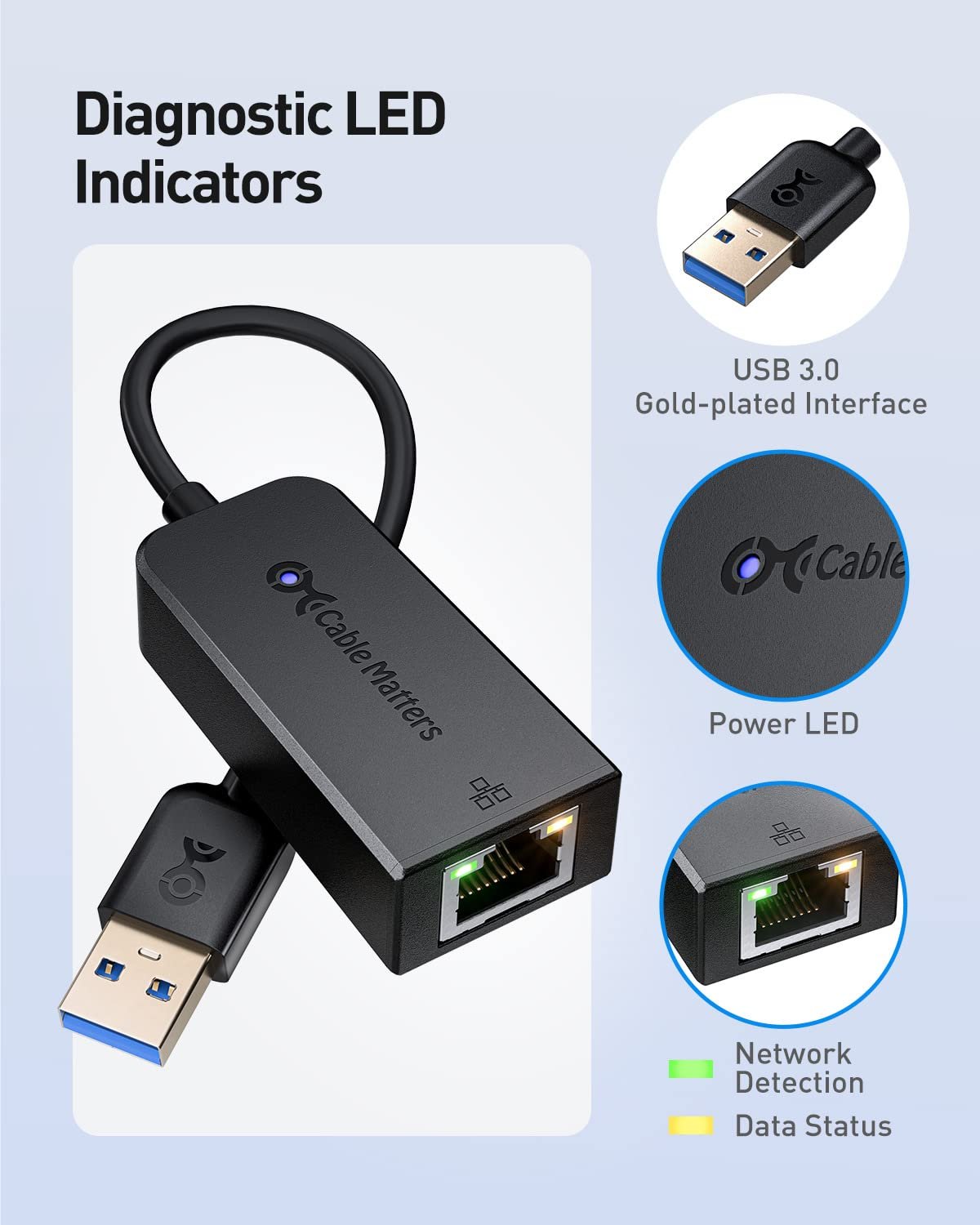 Cable Matters USB to Ethernet Adapter (USB 3.0 to Ethernet) Supporting 10/100/1000 Mbps Ethernet Network in Black, Wired LAN Converter Compatible with MacBook Windows macOS Chrome OS