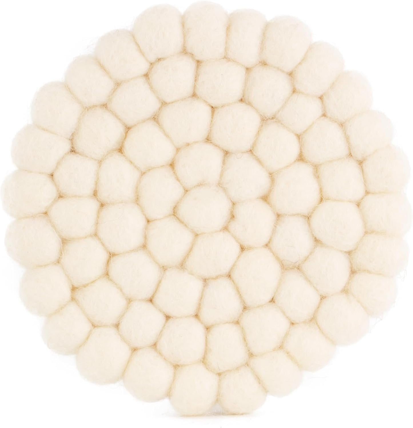Set of 4 Round Felt Ball Coasters - 100% Merino Wool Table Coasters for Drinks and Bar - Absorbent, Heat Resistant, Thick & Durable Felt Coaster Pads - Handcrafted in Nepal, Eco-Friendly-White, B1400
