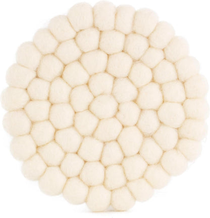 Set of 4 Round Felt Ball Coasters - 100% Merino Wool Table Coasters for Drinks and Bar - Absorbent, Heat Resistant, Thick & Durable Felt Coaster Pads - Handcrafted in Nepal, Eco-Friendly-White, B1400