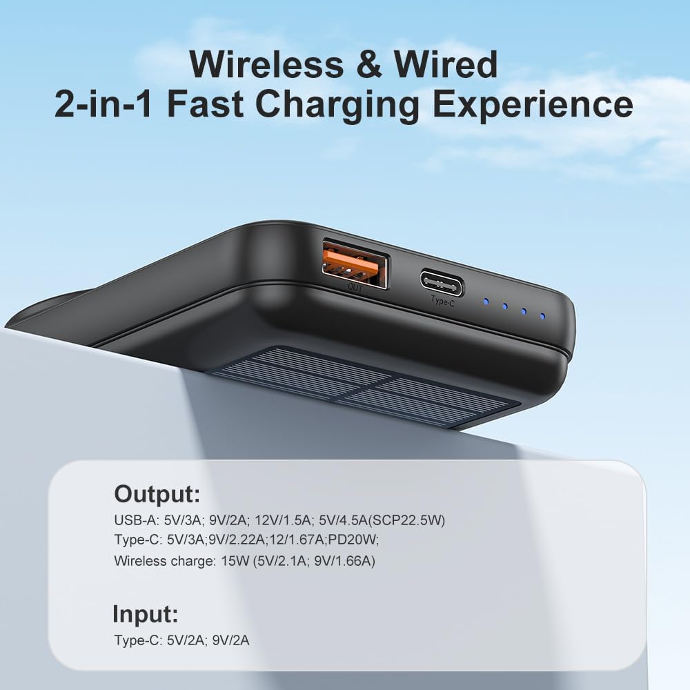 Yukaione Magnetic Wireless Solar Power Bank 20000mAh Fast Charging Portable Charger Compatible with Magnetic Phone Cases USB-C Waterproof Outdoor Battery Pack