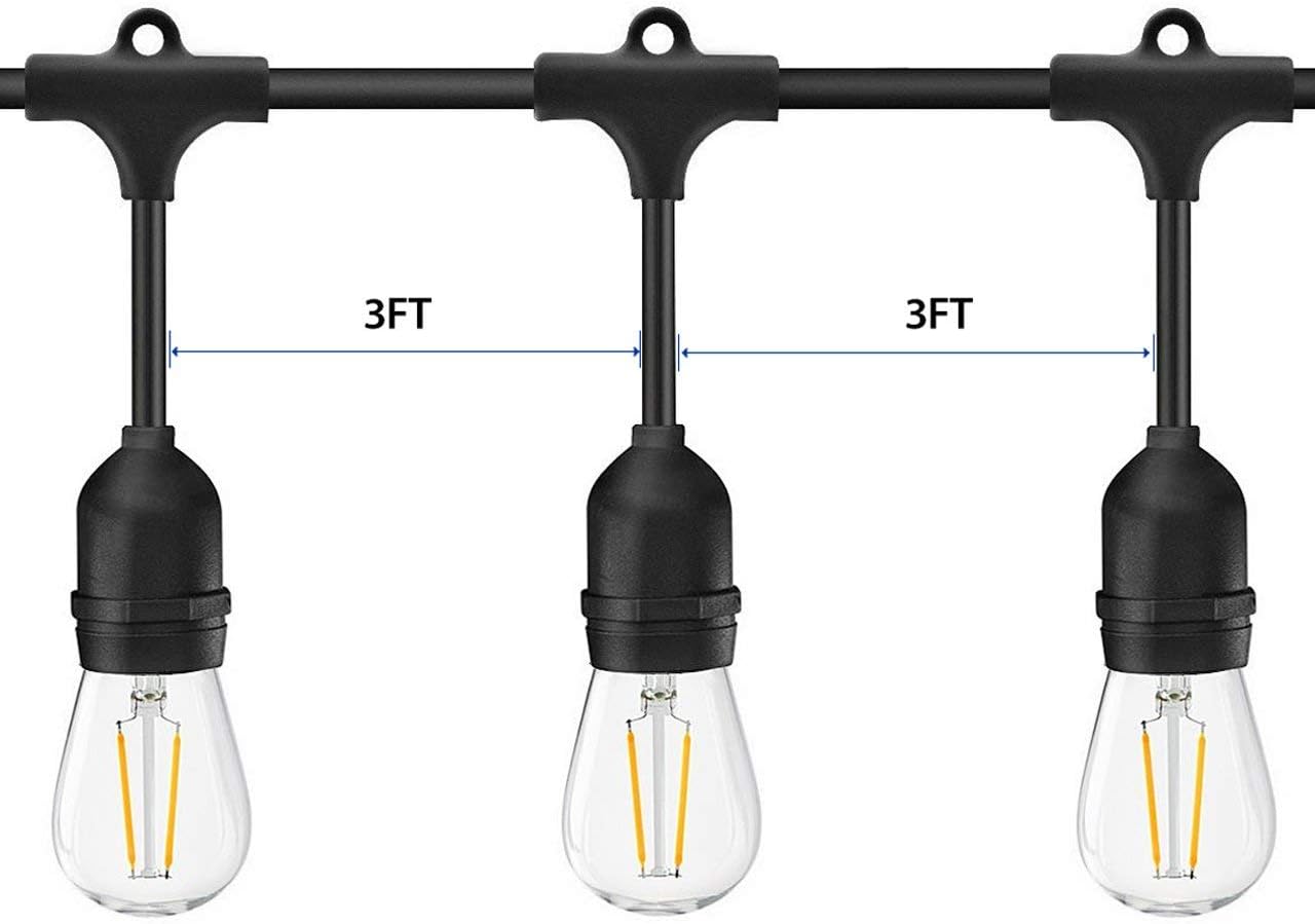 LED Outdoor String Lights- Geecol 49Ft Waterproof IP65 Commercial Grade S14 Heavy Duty Festoon String Light 15 Hanging Sockets with 15 S14 2W LED Bulb Warm White 2700K for Party Patio Garden