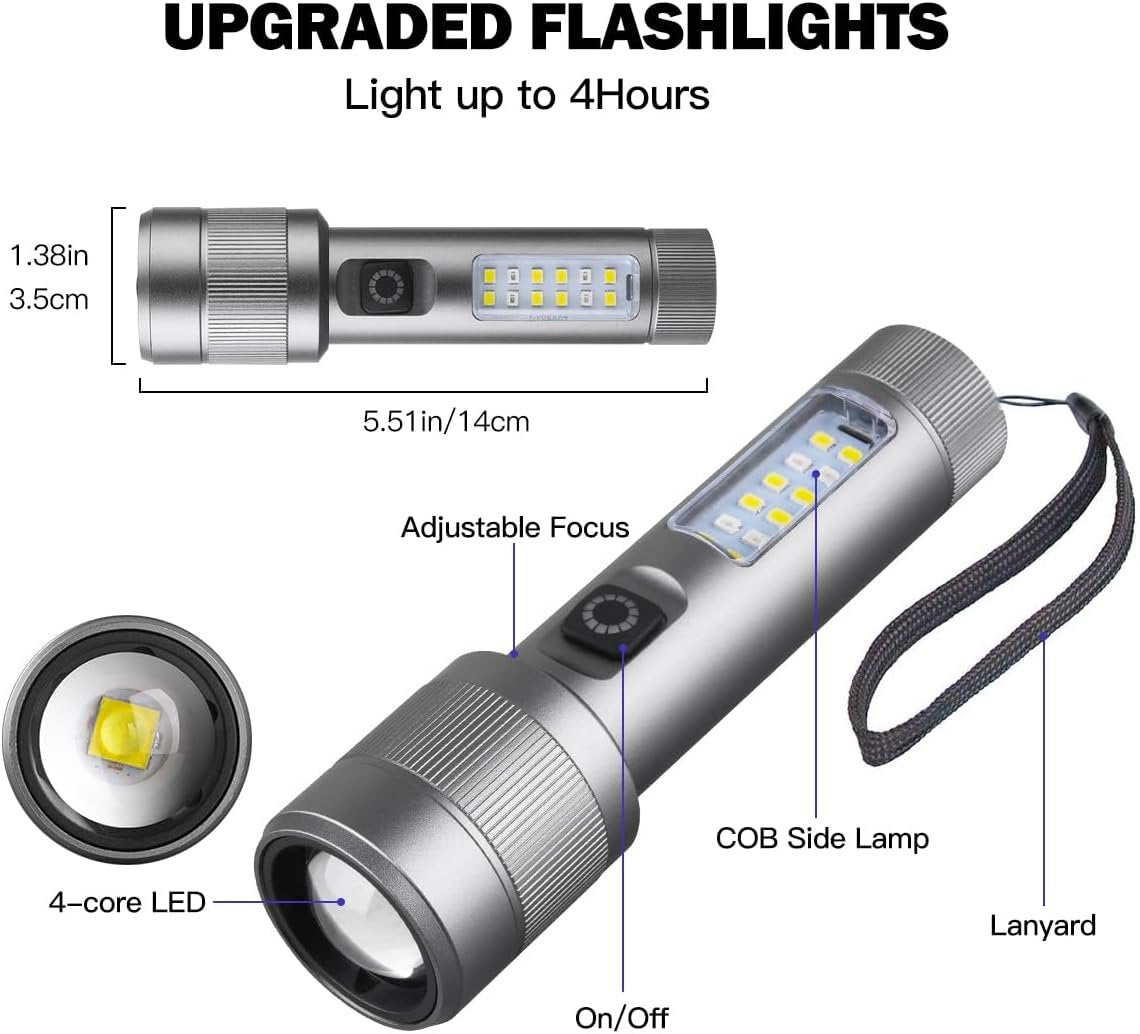 Small Rechargeable Flashlight with Main and Side Lights, Full Aluminum Alloy Body, Built-in Battery, Up to 200m Illumination - Ideal for Hiking, Patrolling, Camping & Emergencies