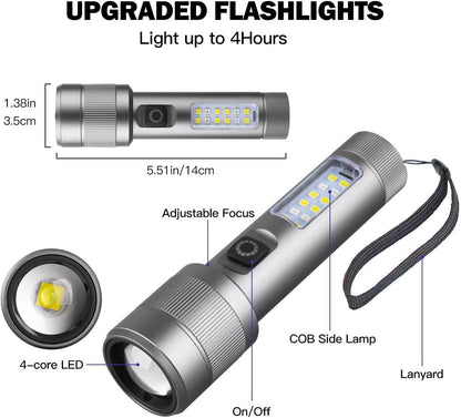 Small Rechargeable Flashlight with Main and Side Lights, Full Aluminum Alloy Body, Built-in Battery, Up to 200m Illumination - Ideal for Hiking, Patrolling, Camping & Emergencies