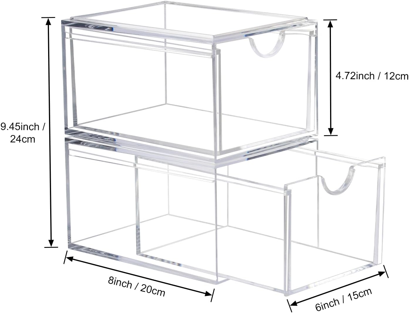 AMEITECH Stackable Cosmetic Organizer Drawers, Acrylic Clear Makeup Organizer, Vanity Container Drawer for Cosmetics, Skin Care, Hair Accessories, Bathroom Counter or Dresser - Set of 2