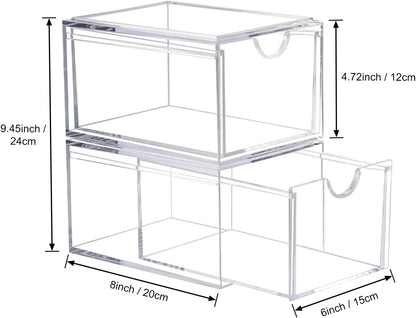 AMEITECH Stackable Cosmetic Organizer Drawers, Acrylic Clear Makeup Organizer, Vanity Container Drawer for Cosmetics, Skin Care, Hair Accessories, Bathroom Counter or Dresser - Set of 2