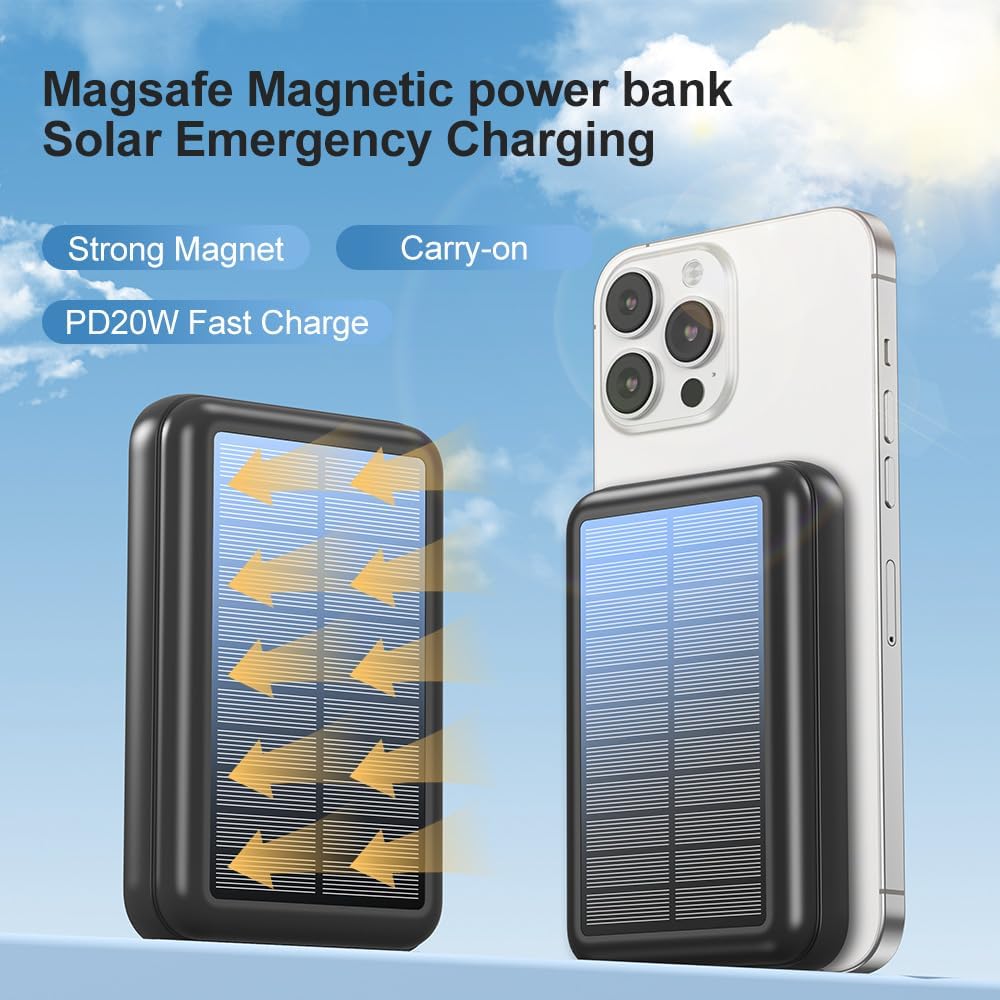 Yukaione Magnetic Wireless Solar Power Bank 20000mAh Fast Charging Portable Charger Compatible with Magnetic Phone Cases USB-C Waterproof Outdoor Battery Pack