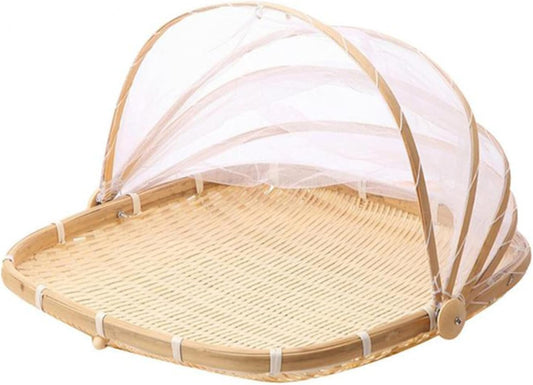 Fruit Basket with Cover 15x15 in Square Woven Bamboo Bread Basket with Lid Dust-Proof Mesh Wicker Food Serving Tent for Picnic Vegetable Fruits Meals