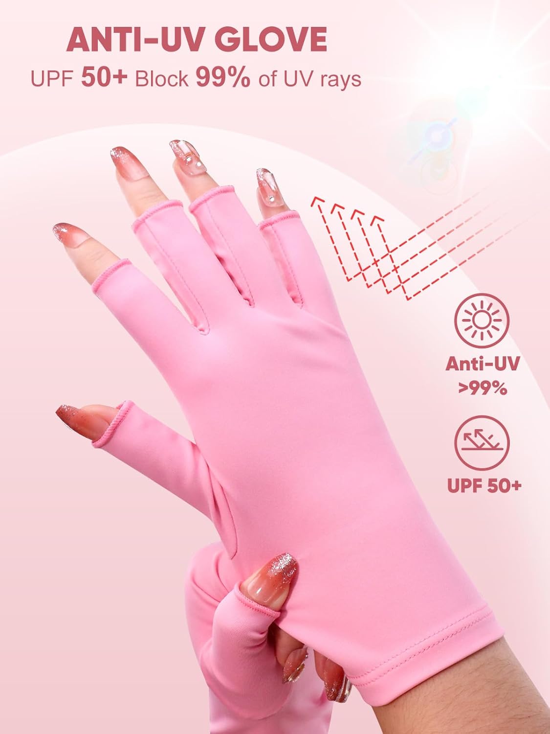 Beloving UV Gloves for Gel Nail Lamp, Professional UV Shield Glove Protection Gloves UPF 50+ for Manicures, Nail Art Skin Care, Anti-UV Fingerless Protect Hands from UV Light Harm, Pink