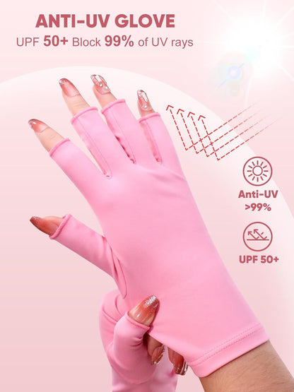 Beloving UV Gloves for Gel Nail Lamp, Professional UV Shield Glove Protection Gloves UPF 50+ for Manicures, Nail Art Skin Care, Anti-UV Fingerless Protect Hands from UV Light Harm, Pink