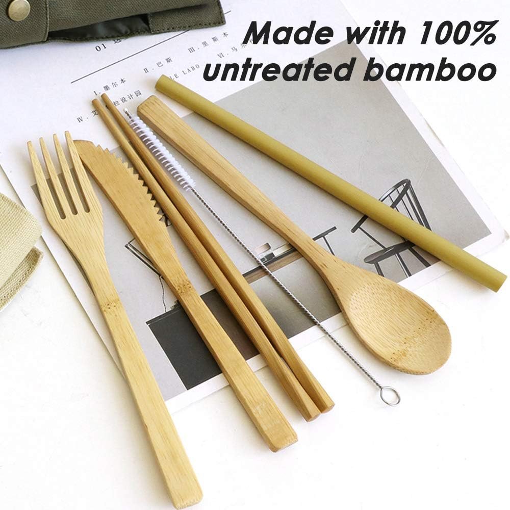 Set of 2, Bamboo Utensils Cutlery, DaKuan Reusable Cutlery Travel Set, Bamboo Spoon, Fork, Knife, Brush, Chopsticks and Straw, Eco-Friendly Portable Utensils with Case