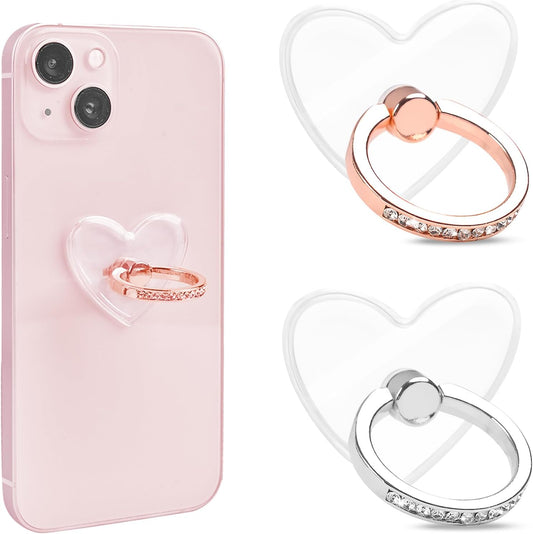 Transparent Clear Phone Ring Grips Holder Kickstand, 2 Pcs 360 Degree Rotation Heart with Diamond Phone Finger Holde, Finger Ring Stand for Cell Phone Tablet Case Accessories
