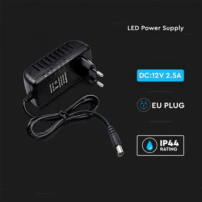 V-TAC Power Supply 12 V 30 W 2.5 A for Cameras, LED Strips, Modem – Transformer Adapter 12 V with Home Current Plug for Screens and Electronic Equipment – Input AC 100-240 V 50/60 Hz, Black