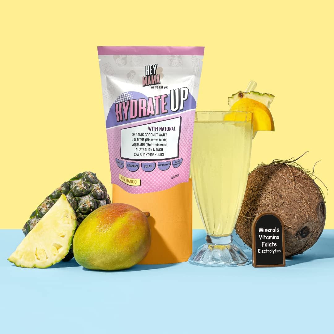 Hey Mama Hydrate Up - Clean Hydration, Essential Electrolytes, Highly bioactive folate, Vitamins and Minerals - 250g Pine Mango 25 Serves
