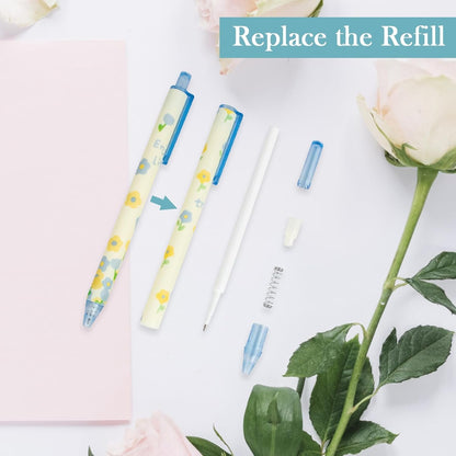 TPBSITNS 8pcs Aesthetic Retractable Black Ink Pens, Cute Kawaii Press Ballpoint Pens with Soft Grip, 0.5mm Flower Pens Cartoon Gel Ink Pen for Kids Students School Office Class Stationery