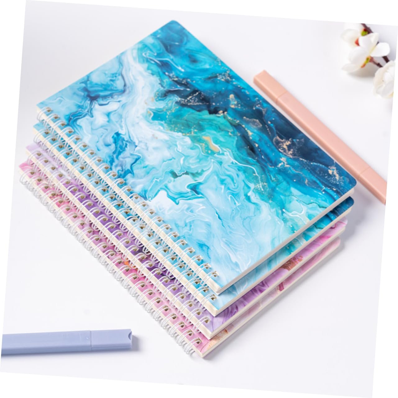 FONDOTIN 4pcs Spiral Planner Notebooks with Marble Design Pages Each Stylish College Ruled Notepad for Office School Supplies Durable Coil Binding Elegant Note Taking