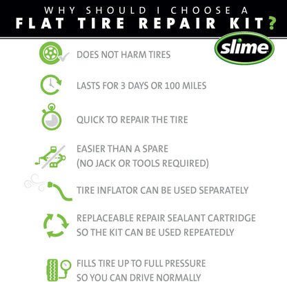 Slime 50122 Flat Tire Puncture Emergency Kit, Includes Sealant and Tire Inflator Pump, Analog, Suitable for Cars and Other Highway Vehicles, 10 Min Fix