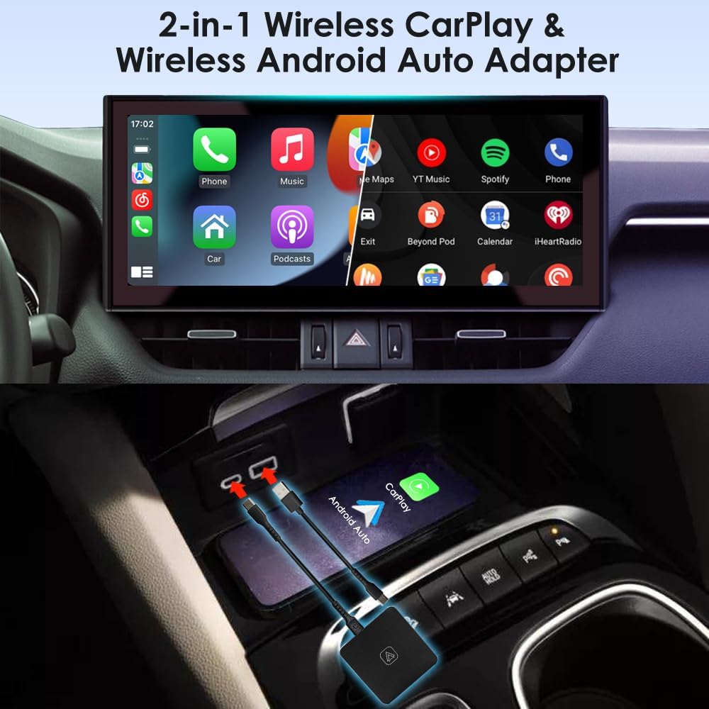 iFreGo CarPlay Wireless Android Car Wireless Adapter 2 in 1 Super Fast Upgrade Auto Play, Plug and Play, Compatible with iPhone iOS 10+ and Car with Wired CarPlay