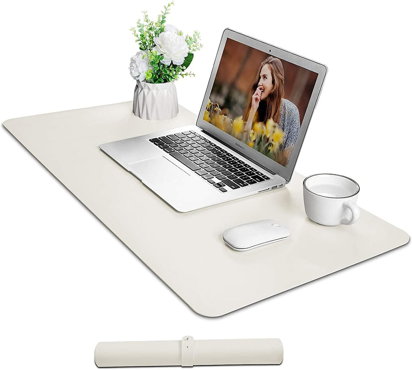 SOJITAS Non-Slip Desk Pad, Waterproof PU Leather Desk Mat, 31.5" x 15.7" Large Mouse Pad Double Sides Easy Clean for Office Home (Beige - Flocking)