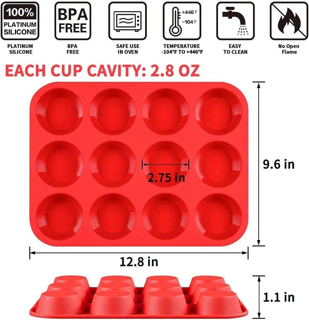 CAKETIME 12 Cups Silicone Muffin Pan - Nonstick BPA Free Cupcake Pan 1 Pack Regular Size Silicone Mold