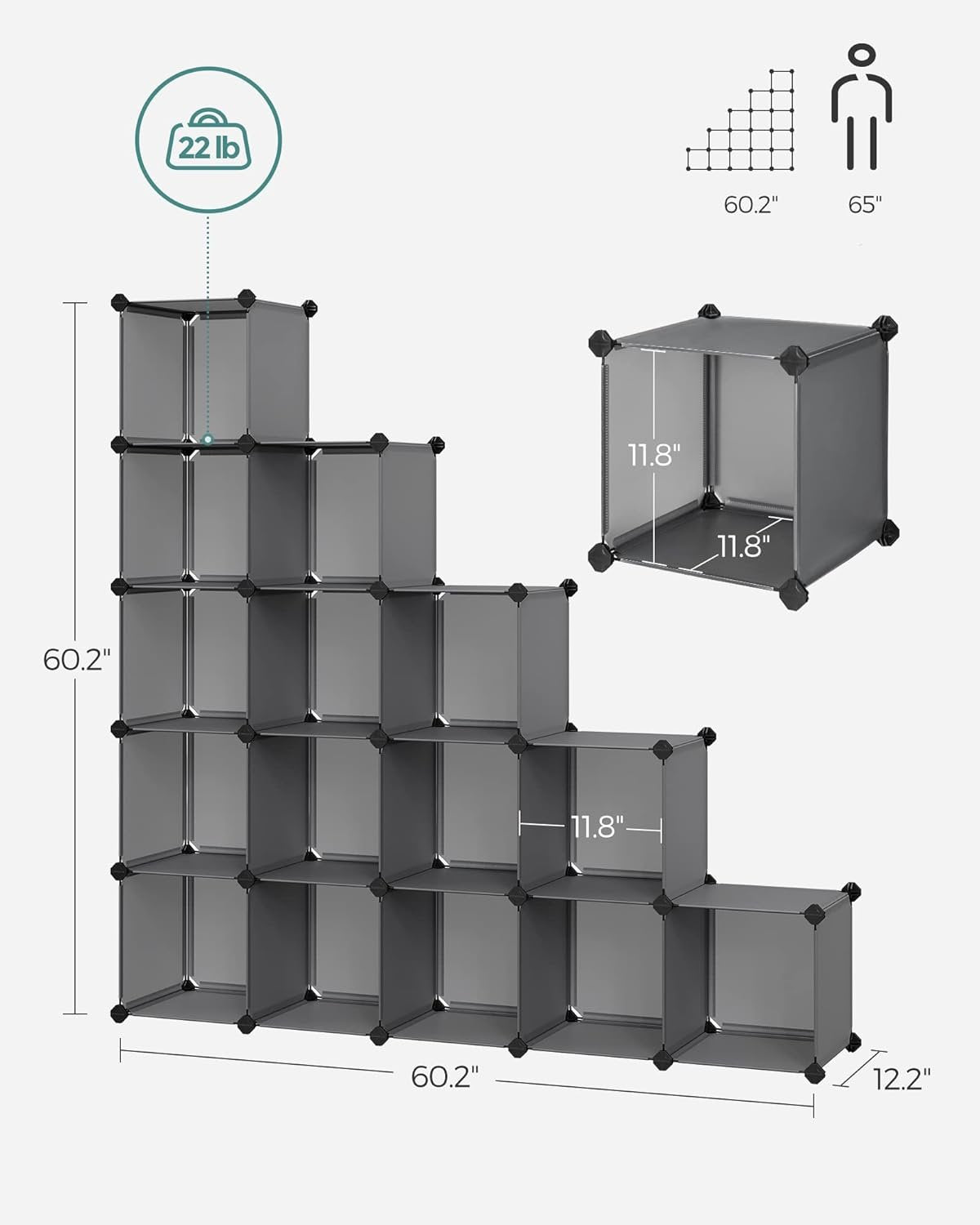 SONGMICS Cube Storage Organizer, 16 Cube Closet Organizers 48.4 x 12.2 x 48.4 Inches, Gray ULPC442G01