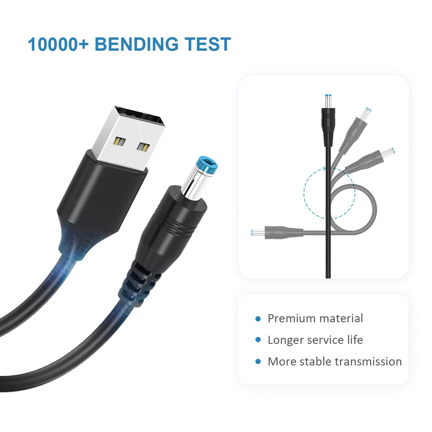 Powseed 5V DC Power Cable, USB to DC Plug Charging Cord with 10 Adapter Plugs to Charge Moon Lamp, LED Pixel Light, USB-HUB, Mini Fan, Camera, Cartoon Watch, Mobile Phone, Power Bank