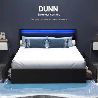 Artiss Bed Frame Double Size LED with 4 Storage Drawers Mattress Base Black Dunn