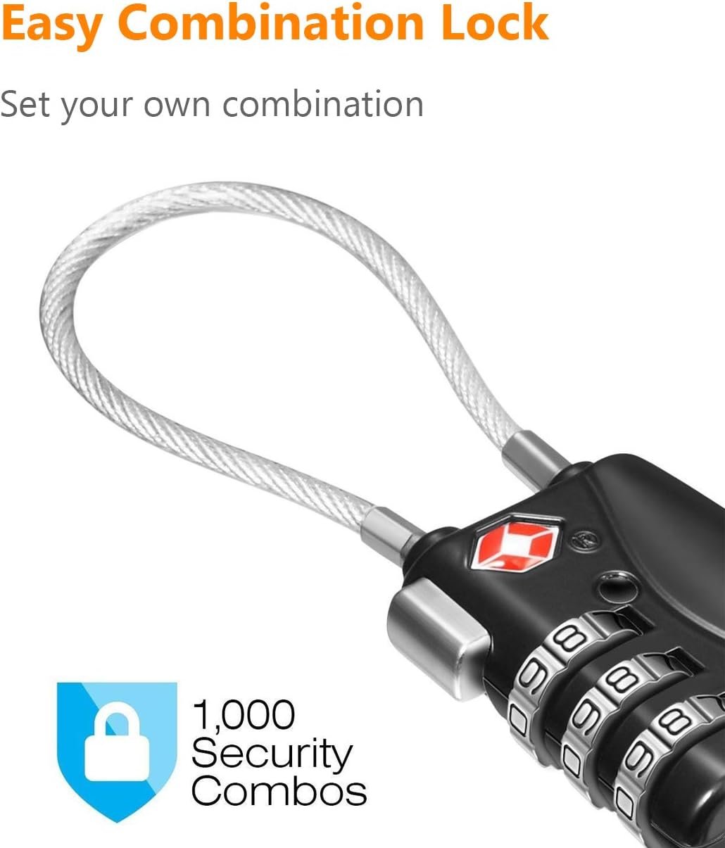 Luggage Locks, TSA Accepted 3 Digit Luggage Cable Locks with Alloy Body, Set Your Own Combination for Travel,Black