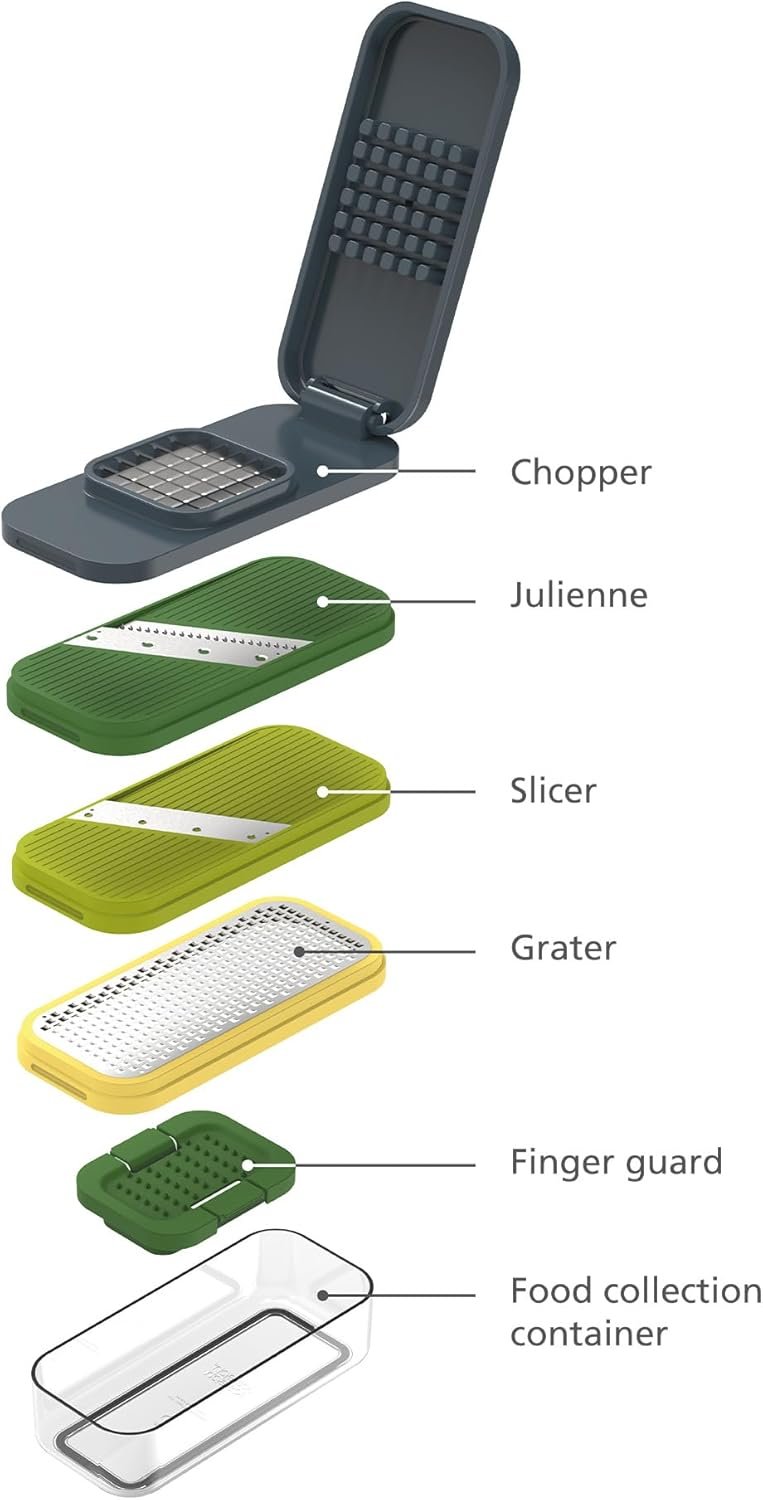 Joseph Joseph Multi-Prep Compact 4-in-1 Multifunctional Set, Kitchen Vegetable Chopper & Dicer, Cheese Grater, Mandoline Veggie Slicer, Food Julienne Cutter with Container