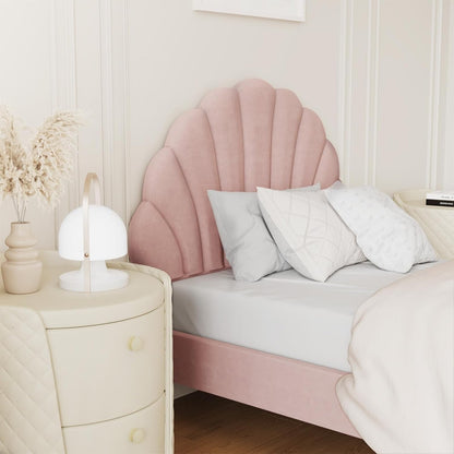 Oikiture Bed Frame Single with Scallop-Shape BedHead Pink Velvet Single Bed